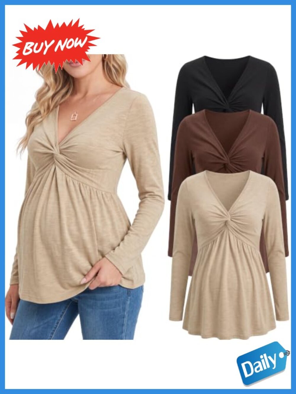 Maternity Tops 3 Pack V Neck Front Knotted Long Sleeve Ruched Pregnancy Tunic